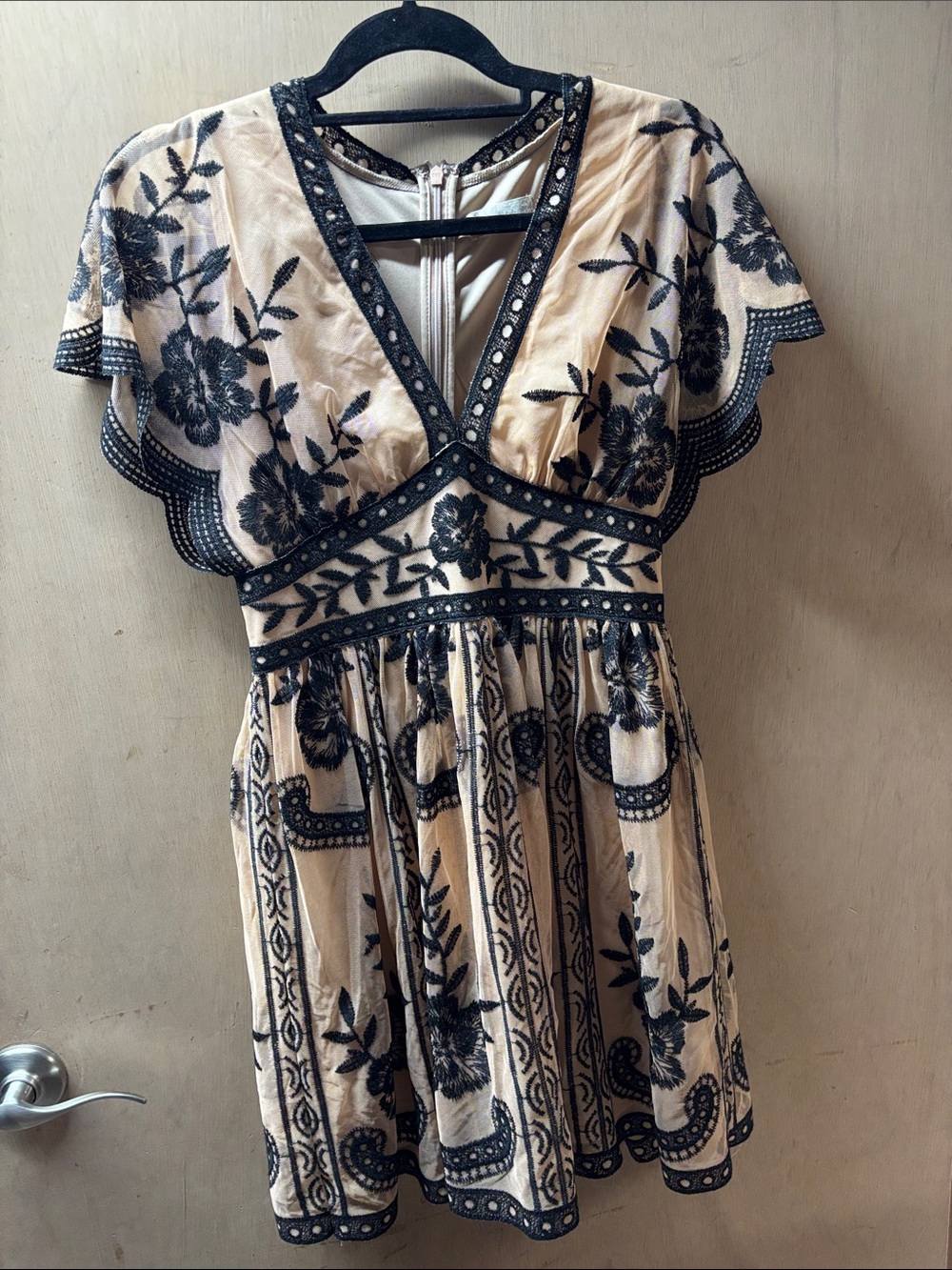 Altar'd State Beige and Black Embroidered V-Neck Mini Dress